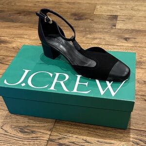 J. Crew Women's Black T-Strap Pump in Suede and Leather